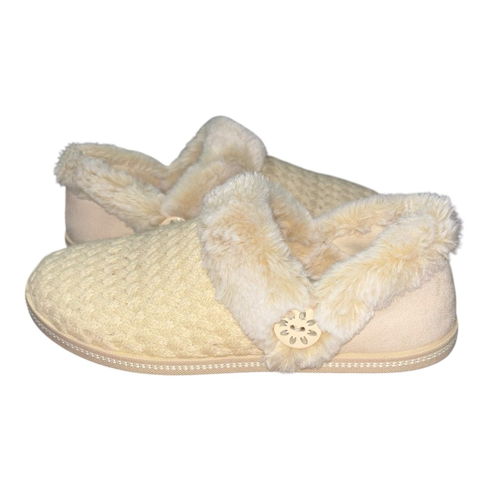 Skechers Women's 8 Sand Tan Cozy Campfire Slippers Faux Fur Quilted Knit Vegan